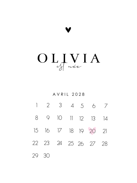 Affiche pour la naissance avec calendrier en noir et blanc