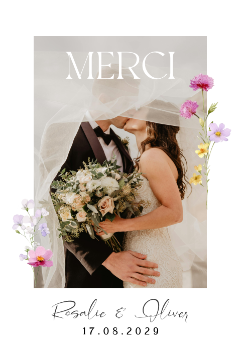 Carte remerciement magnet avec photo et fleurs printanières