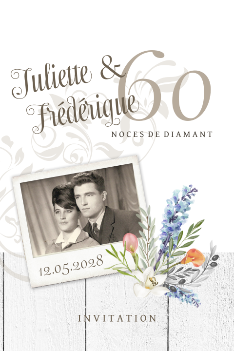 Invitation noces de diamant avec des décorations florales et polaroid
