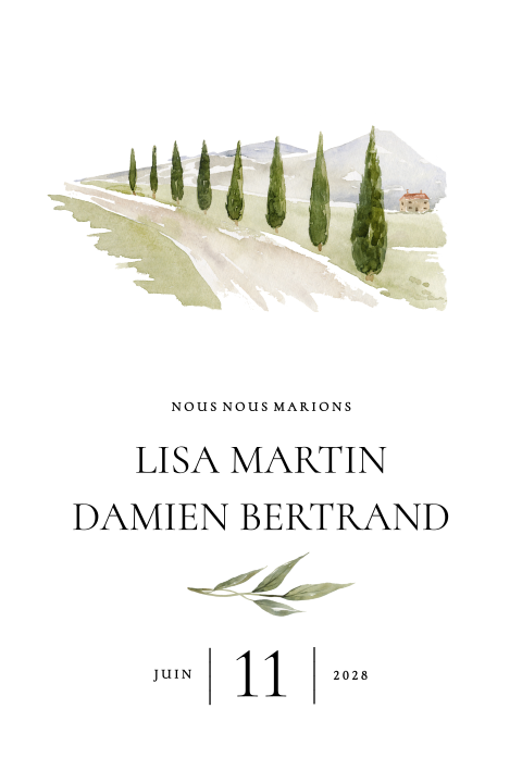 Faire-part de mariage avec une illustration d'un paysage du Sud
