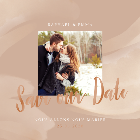Save the date ton ocre avec une photo et une écriture en vernis