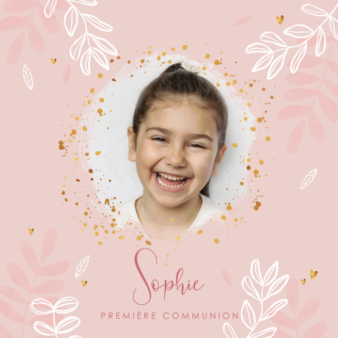 Faire-part de communion avec photo et branches sur fond rose