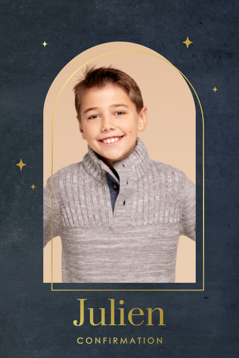 Faire-part de confirmation avec photo en forme d'arc et dorures
