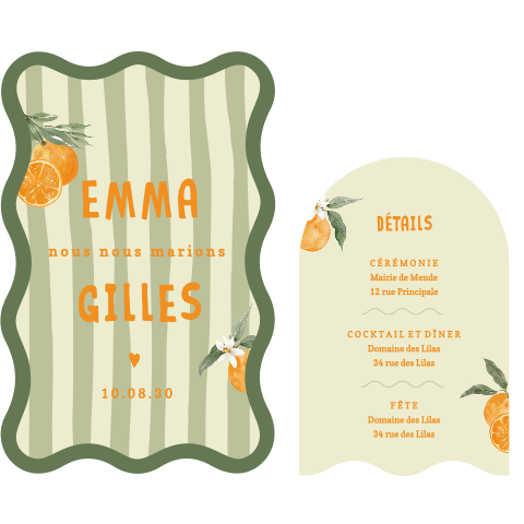 Faire-part de mariage estival avec oranges et rayures vertes 
