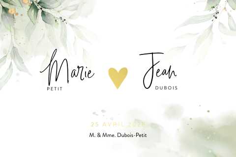 Faire-part avec photo, dorure et feuilles à l'aquarelle