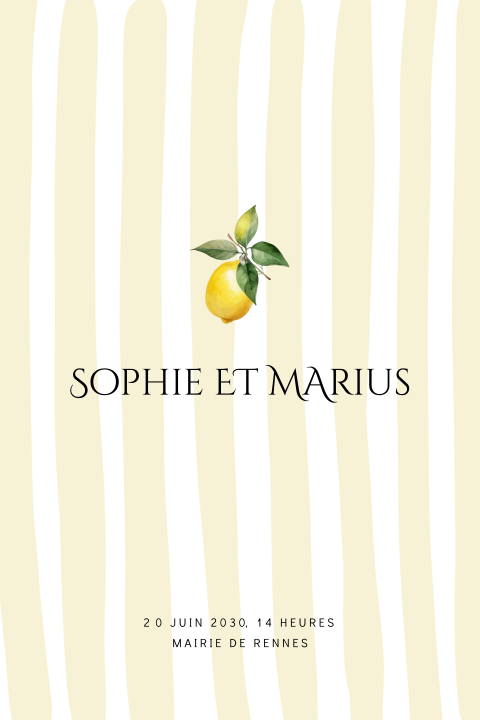 Faire-part de mariage avec des citrons et traits verts verticaux