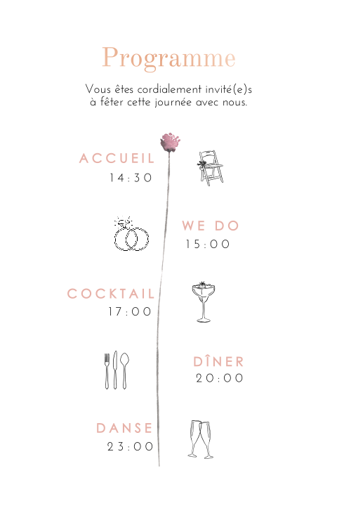 Programme de journée mariage avec textes en dorure rosée