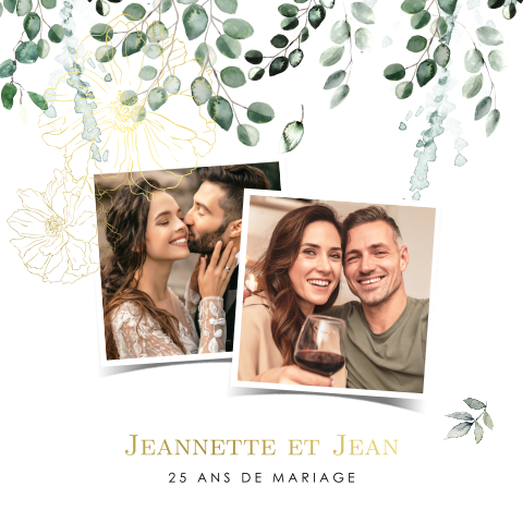 Invitation anniversaire mariage avec feuillages, dorure et photos