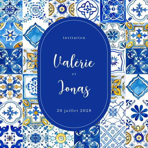 Faire-part de mariage bleu avec des tuiles portugaises en aquarelle