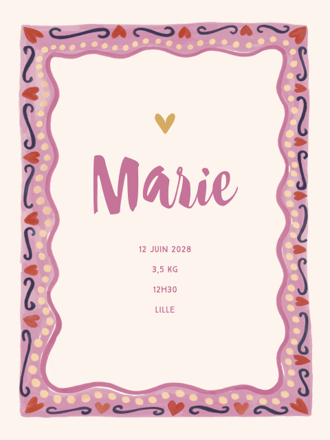 Affiche pour chambre d'enfants avec un joli cadre de cœurs