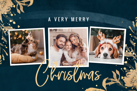 Carte de Noël avec trois photos et des feuilles et fleurs