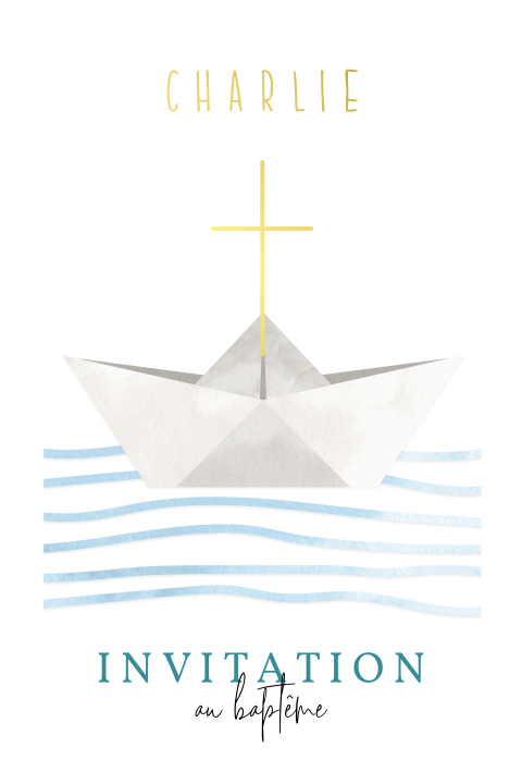 Faire-part de baptême avec bateau et croix en dorure