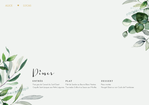 Set de table avec un fond vert et des feuilles d'eucalyptus