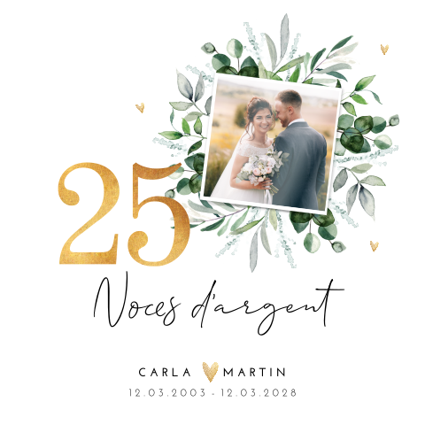 Invitation carrée noces d'argent avec photo et branches