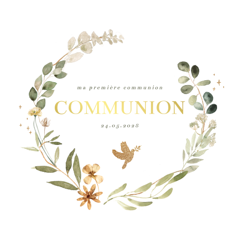 Faire-part de communion tendance avec couronne de feuilles et dorures