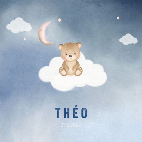 Faire-part de naissance bleu avec un petit ours sur un nuage
