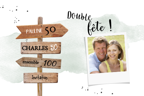 Carte d'invitation 50 ans avec photo et panneau indicateur en bois