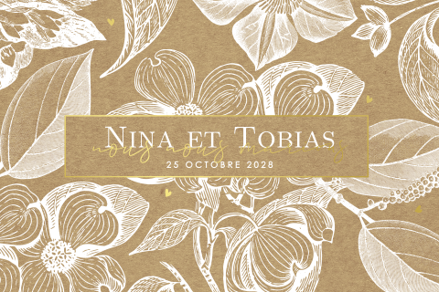 Faire-part avec dorure et esquisses de fleurs blanches 