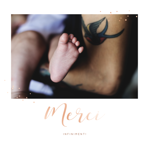 Carte de remerciement avec photo et merci en dorure rosée