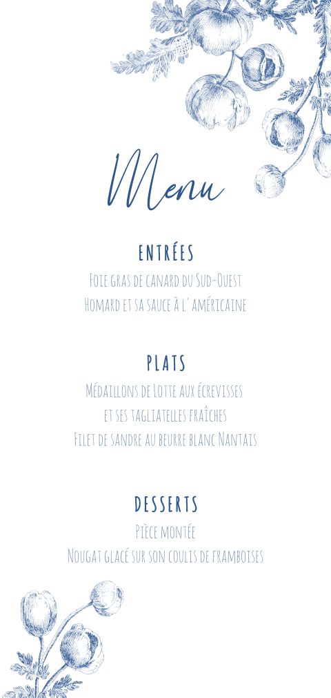 Carte de menu avec des fleurs bleues