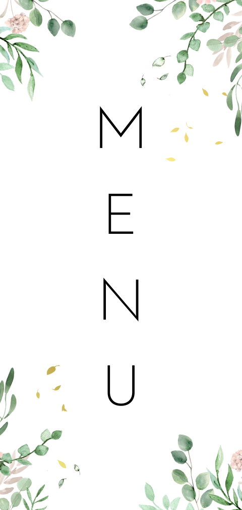 Menu avec des feuilles vertes et des fleurs roses