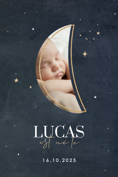 Faire-part de naissance avec photo en forme de lune sur fond bleu