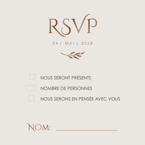 Carton réponse avec RSVP en vernis marron sur fond beige