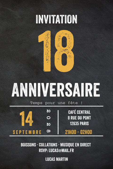 Carte d'invitation d'anniversaire cool sur fond de tableau noir