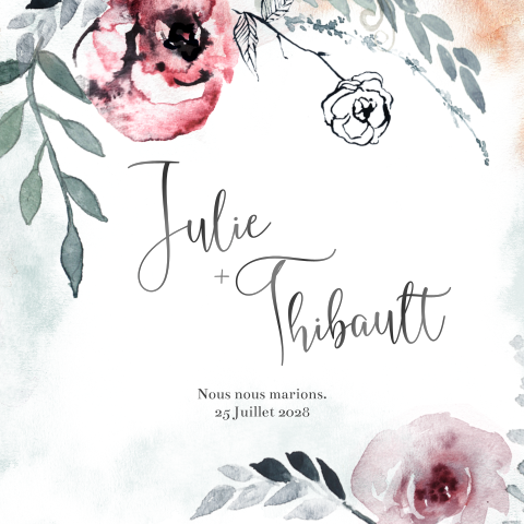 faire-part avec fleurs roses et feuilles à l'aquarellle