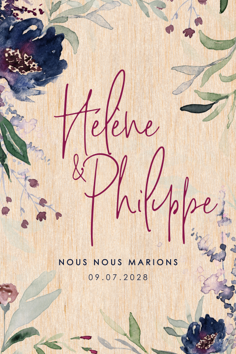 Faire-part artistique en bois avec bordure de fleurs à l'aquarelle