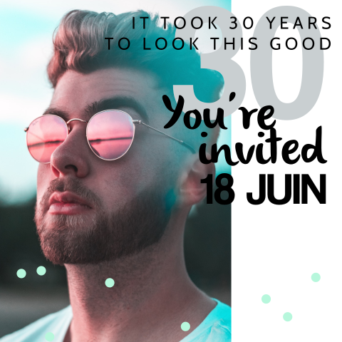 Carte d'invitation cool pour les 30 ans avec photo et confettis
