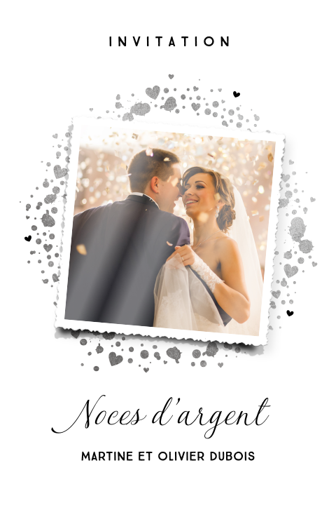 Invitation noces d'argent avec photo et coeurs
