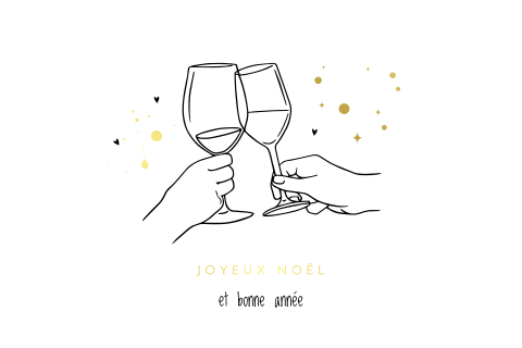 Carte de voeux avec des verres de champagne et écriture dorée