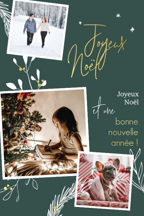 Carte de Noël avec des photos et branches et accents dorées