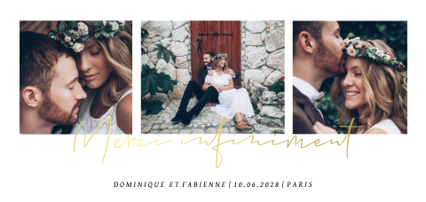 Carte de remerciement avec trois photos et écriture dorée