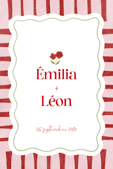 Faire-part de mariage avec bordure rouge et rose