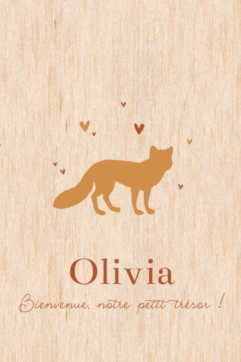 Faire-part de naissance sur bois avec silhouette d'un renard