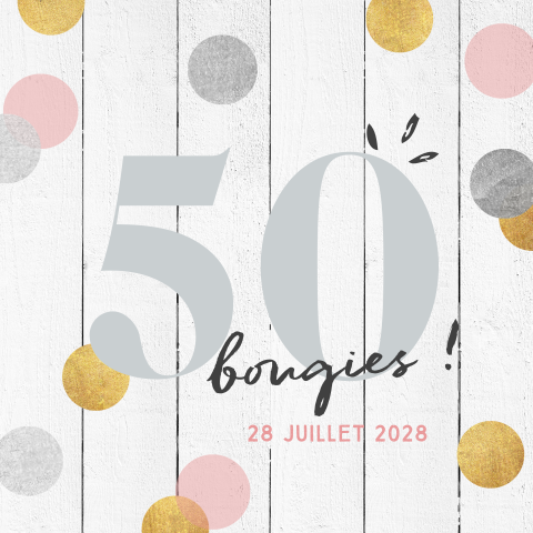 Invitation pour le 50e anniversaire avec confetti sur impression bois