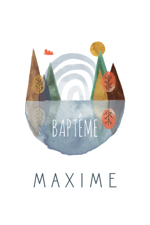 Faire-part de baptême avec illustration de montagnes et lac