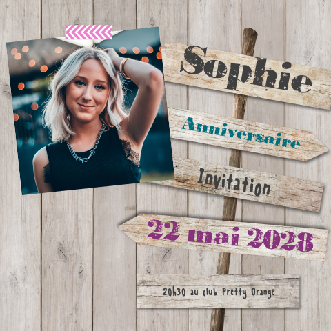 Carte d'invitation originale avec panneau indicateur et photo