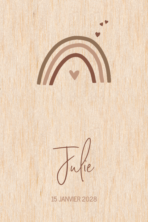 Faire-part de naissance sur bois avec arc-en-ciel marron