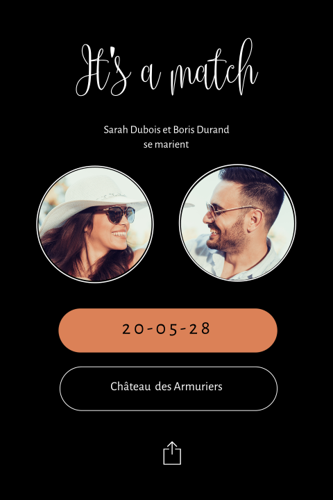 Faire-part de mariage originale Tinder, "It's a match".