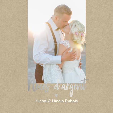 Invitation carrée noces d'argent avec photo et dorure argentée