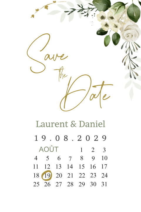 Save the date avec des fleurs romantiques et un agenda