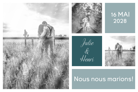 Faire-part de mariage avec carrés en gris-bleu et photos