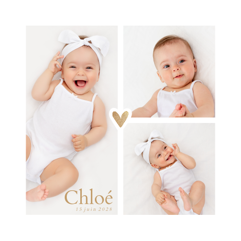 Faire-part de naissance avec photos et coeur doré