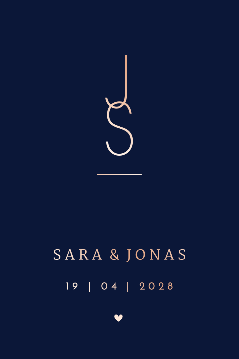 Faire-part de mariage bleu foncé avec initiales en dorure