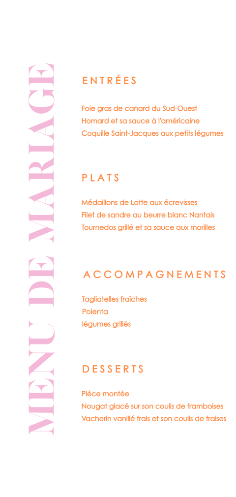 Carte de menu en rose et orange