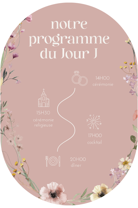Carte avec programme du jour et jolies fleurs sur fond rose
