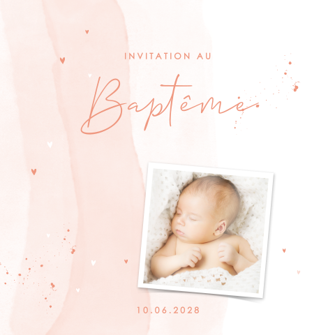 Faire-part de baptême dans des tons roses délicats et photo